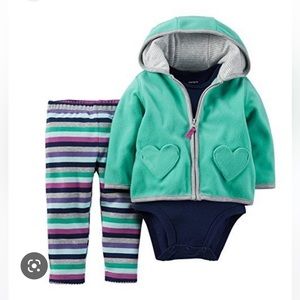 Carters Infant Girls 3 PC Blue Creeper Striped Leggings & Green Hoodie Jacket